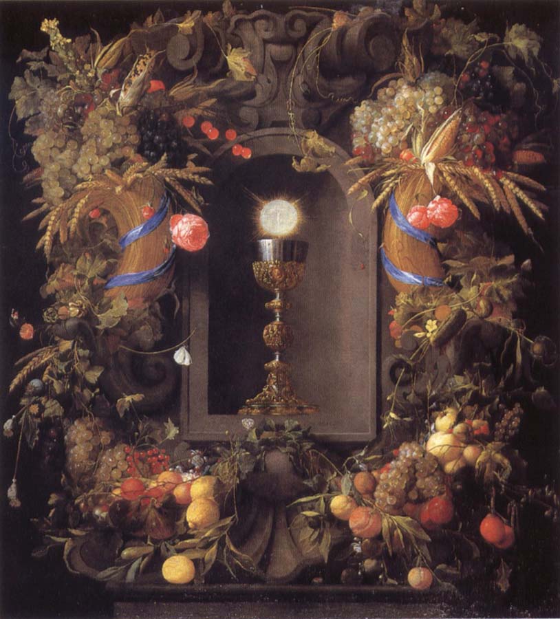 Chalice and the host,surounded by garlands of fruit